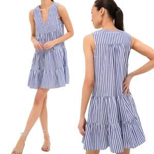 Pomander Place Kenzo Mini Dress Striped Cotton V Neck Tiered Blue White Large